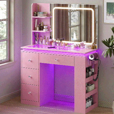 Vanity Desk with Mirror and Lights, 11 LED Lights Fluted Makeup Vanity Desk, Glass Top for Bedroom,Pink