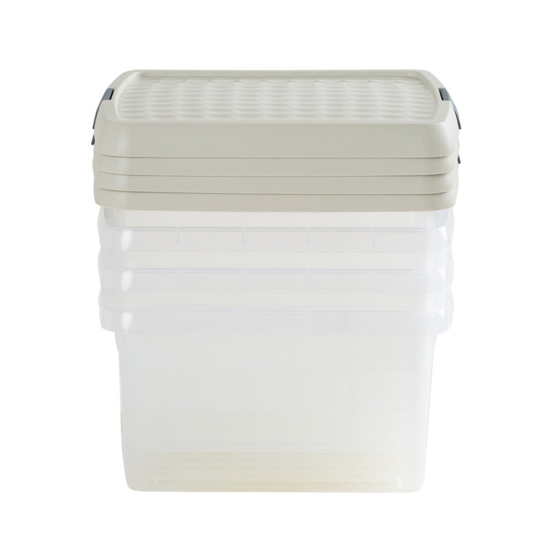 Wham Clip 9L Square Plastic Storage Boxes with Secure Clip Lock Lids. L:29 x W:29 x H:15.5cm, Clear/Stone/Slate Grey