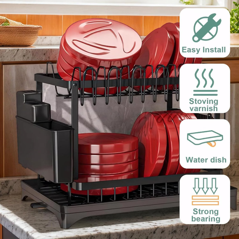 Black 6-Cup Dish Drying Rack – 2-Tier Stainless Steel With Drainboard & Utensil Holder, Black