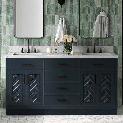 Chevron 66 Inch Double Rectangle Vanity Bathroom Vanity with Carrara White Quartz Countertop 1.5 Inch in Midnight Blue