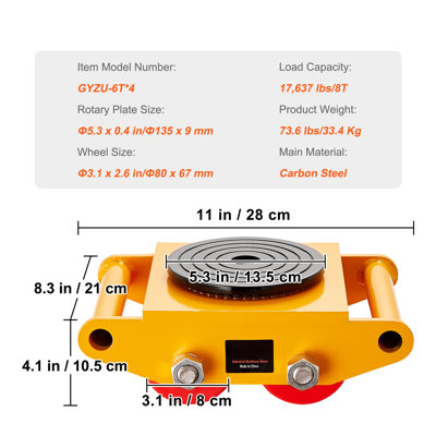 4PCS Machinery Skate Dolly, 17637 LBS/8T Industrial Machinery Mover, Heavy-Duty Carbon Steel Machinery Moving Skate with 4 PU Wheels and 360° Rotation Non-Slip Cap for Warehouse, Workshop, Facto