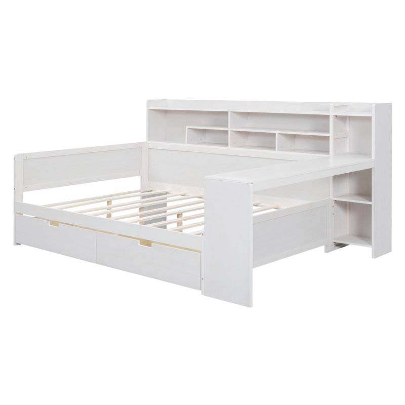 Lit plateforme avec rangement multifonctionnel, Plein,  Blanc antique