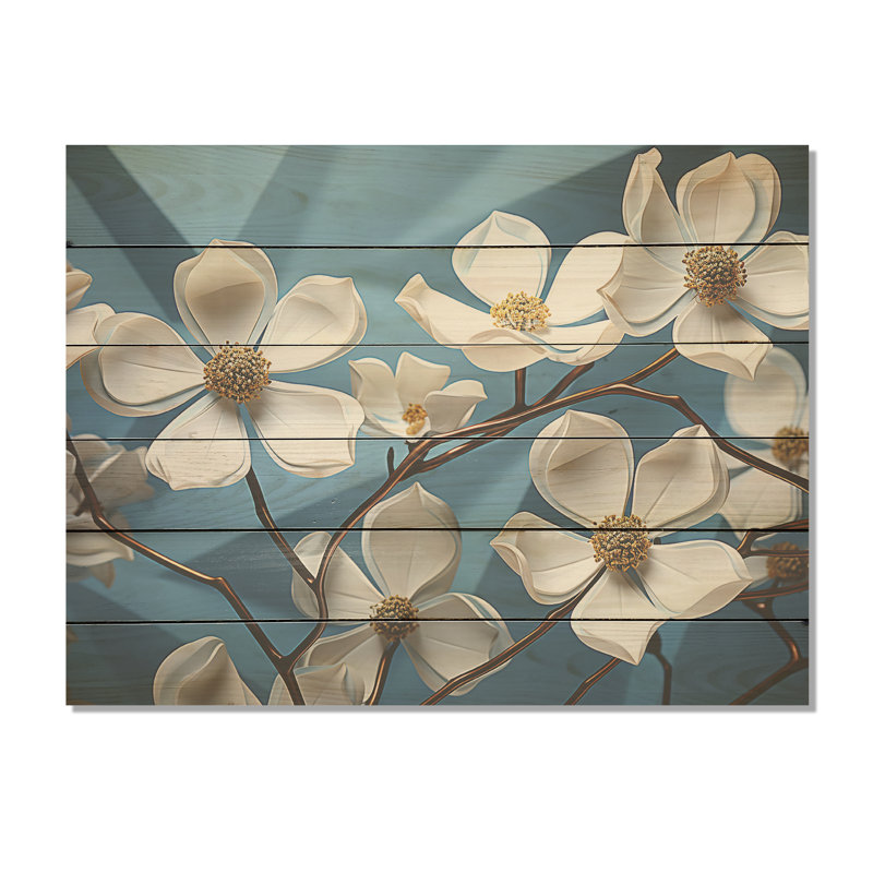 Cubist Dogwood Flowers Harmony - Dogwood Wood Wall Art On Natural Pine Wood, 24" H x 32" W