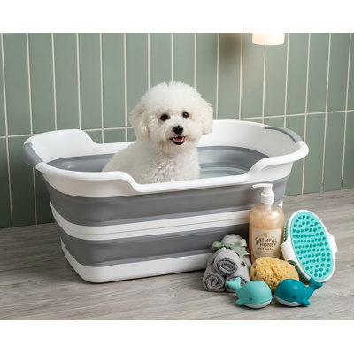 7.1 Gallon/27L Collapsible Multipurpose Pet Bathtub, with Drainage Hole & Pet Hair Collector, Portable Laundry Basket & Storage Organizer