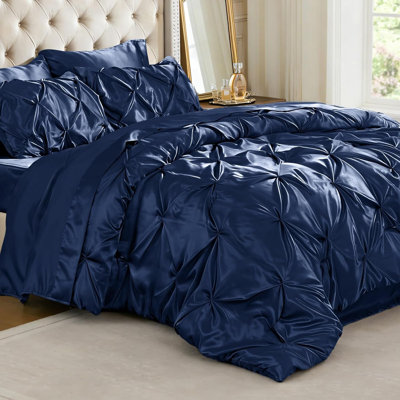 BEDELITE King Pintuck Bed-in-a-Bag – Navy Satin Comforter with Sheets, Pillowcases & Shams