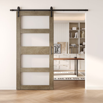 Porte de grange non assemblée et fini en verre à 4 verres de 26 po x 84 po Homacer Classic gris avec trousse de quincaillerie, usage intérieur seulement