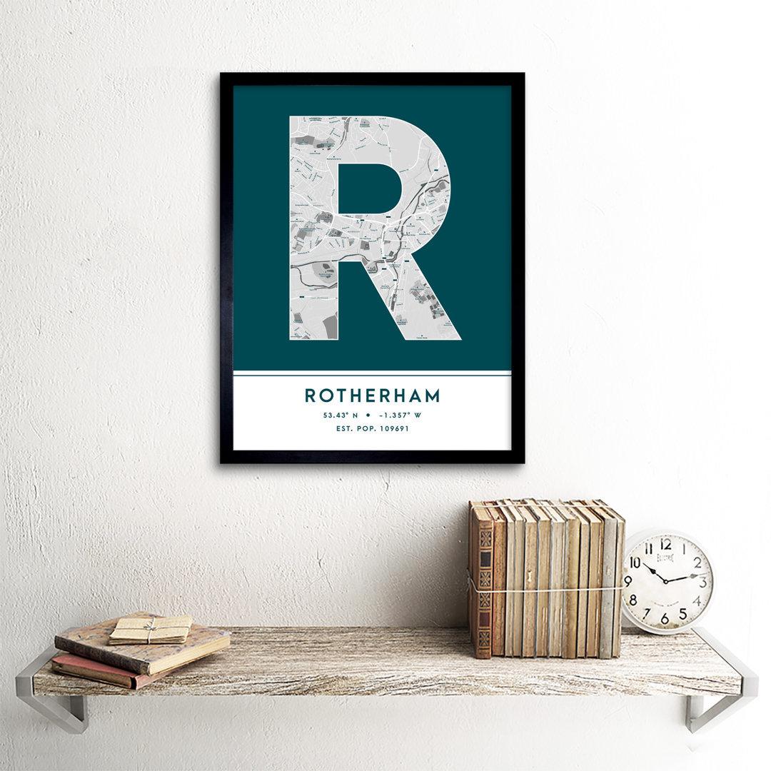 Rotherham City Map Rotherham Teal by Wee Blue Coo - Single Picture Frame Typography