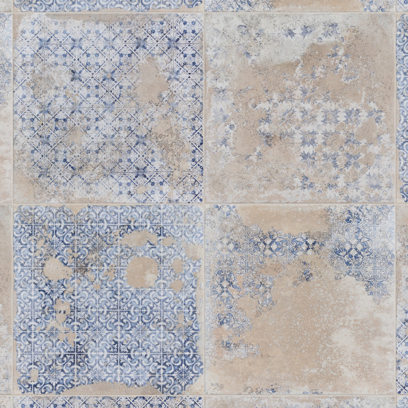 Antigua Deco 13" x 13" Porcelain Vintage Subway Wall & Floor Tile, Beige/Blue