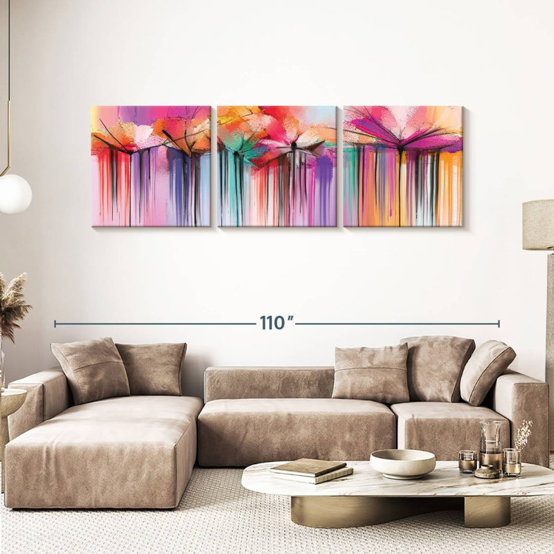 " Flowers Paint Drip " 3 Piece Art, 30" H x 92" W