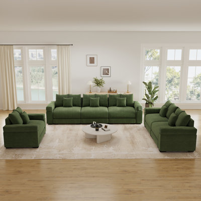 Canapé d'angle modulaire surdimensionné Cloud, 3 places (330 cm) + 2 places (210 cm) + fauteuil (138 cm), panneaux latéraux larges, velours côtelé à côtes verticales, assises épaisses et confortables, design ergonomique, idéal pour recevoir, vert