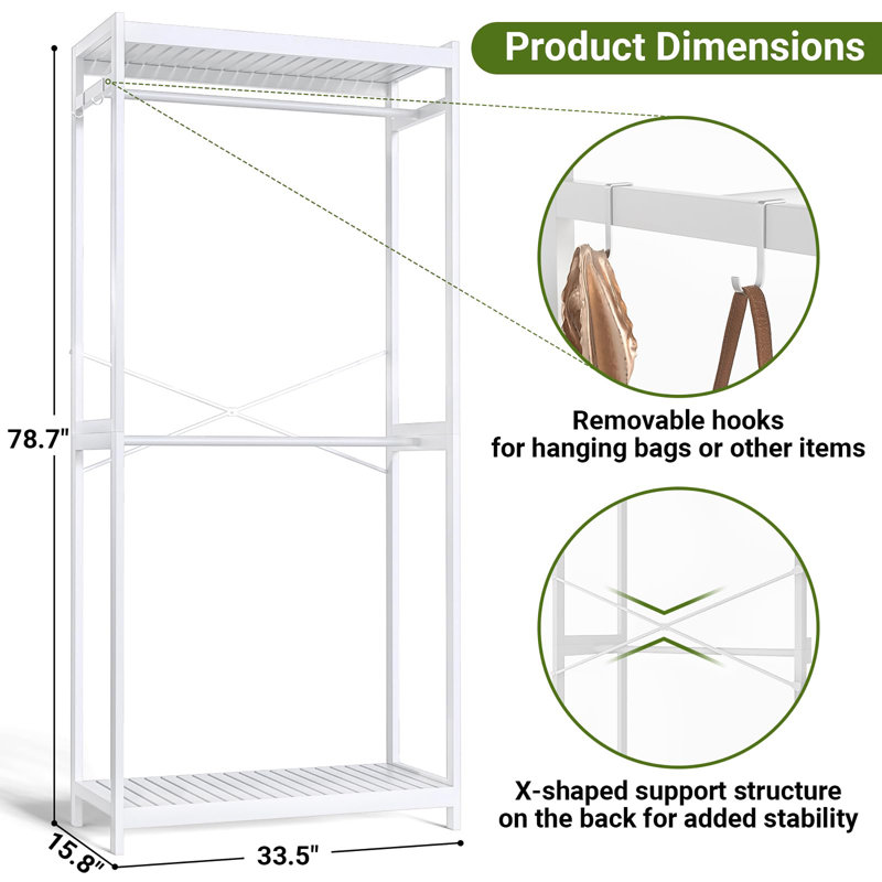 Portant à vêtements en bambou avec tablettes et double tringle, Blanc / Blanc