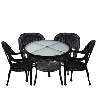 Ensemble de salle à manger 5 pièces en résine tressée noire avec verre trempé 39 po