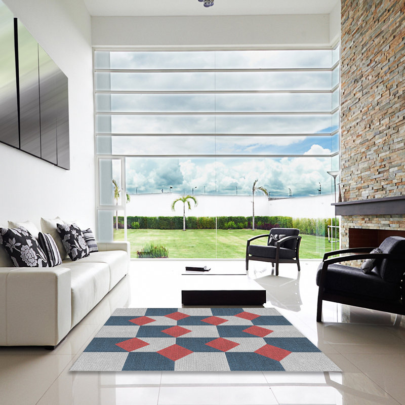 Tapis gris/rouge à motifs, Carré 4 pi
