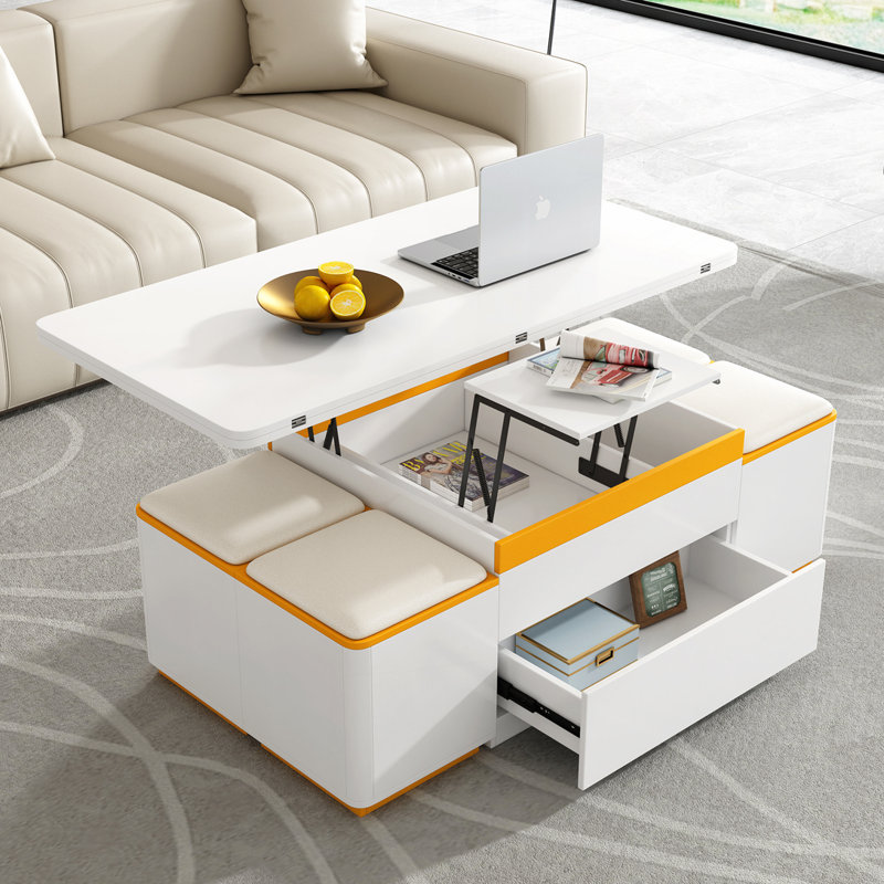 Table basse pliable relevable avec 4 tabourets de rangement, Blanc