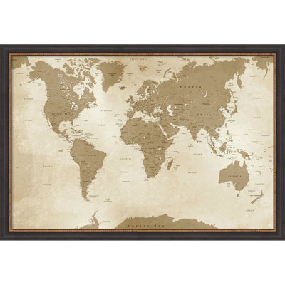  Framed Fabric Pinboard, Antique Style World Map by Inner circle Printed Bulletin Board for Use as a Vision Board or Wall Organization