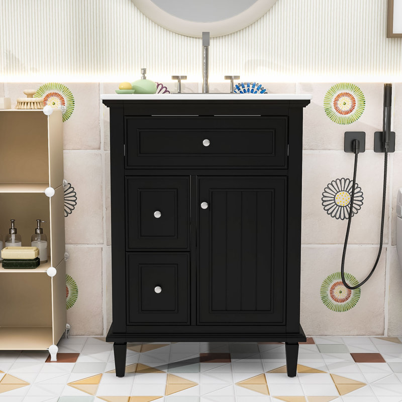 Meuble-lavabo simple contemporain en bois avec lavabo en céramique, tablette réglable et tiroirs de rangement, Noir