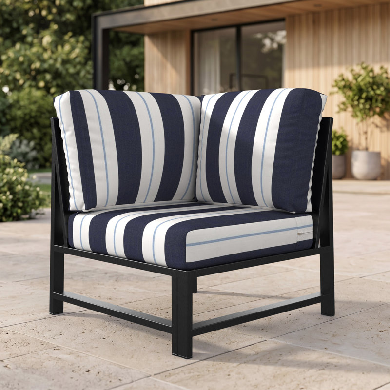 Fauteuil d'angle modulaire Oltjana avec dossier à lattes, structure en aluminium et coussins Sunbrella, Port Relate