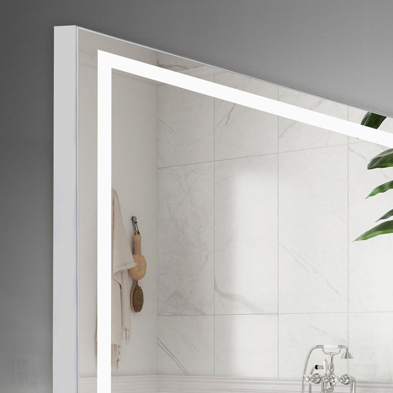 Miroir de salle de bain anti-buée à DEL avec conception moderne à bords droits, éclairage à intensité variable 3 couleurs, fixation murale horizontale / verticale