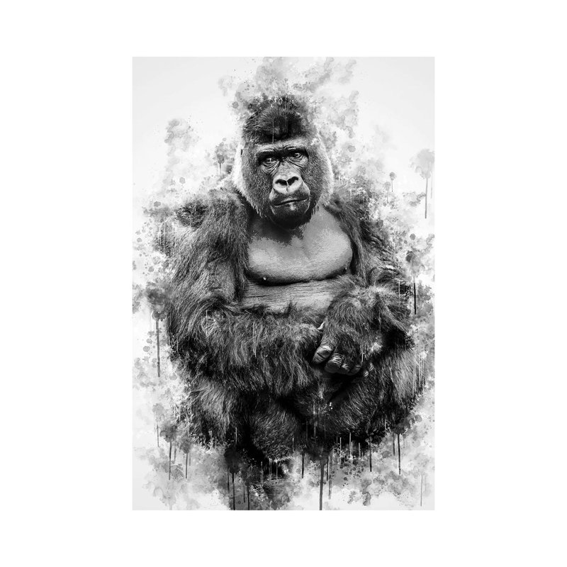 Impression sur toile tendue, "Gorille en noir et blanc" par Marcel, H 40 po x l 26 po x P 1,5 po