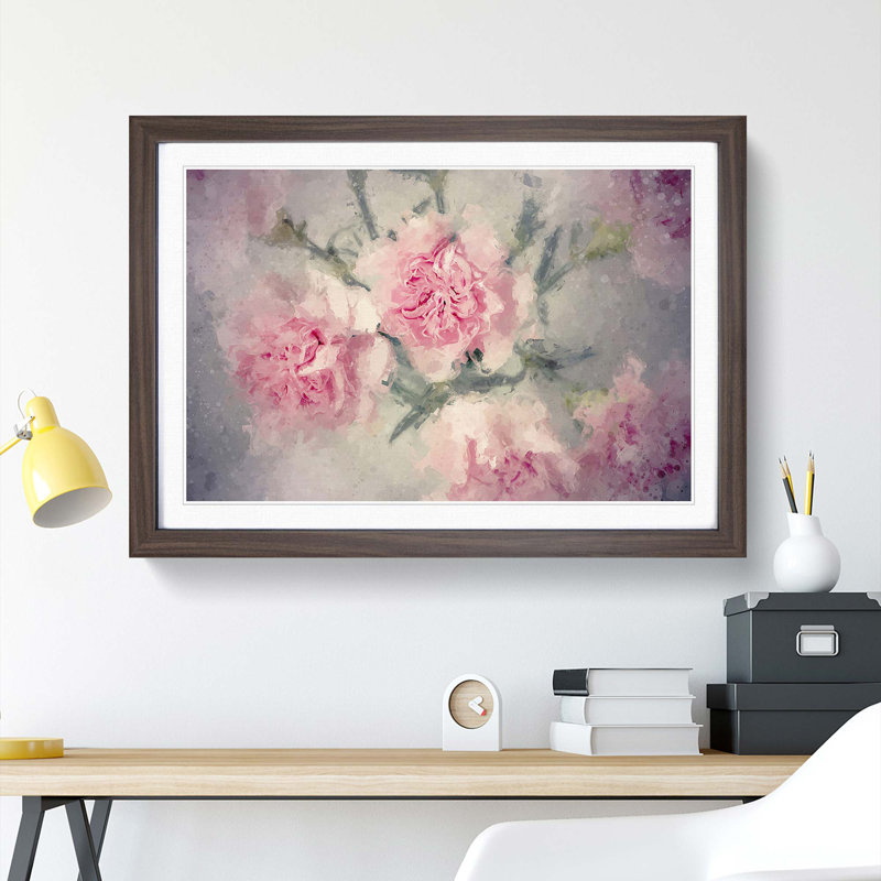 Pale Pink Carnation Flowers in Abstract - Picture Frame Painting Print, 48cm H x 65cm W x 2cm D, Walnut Framed
