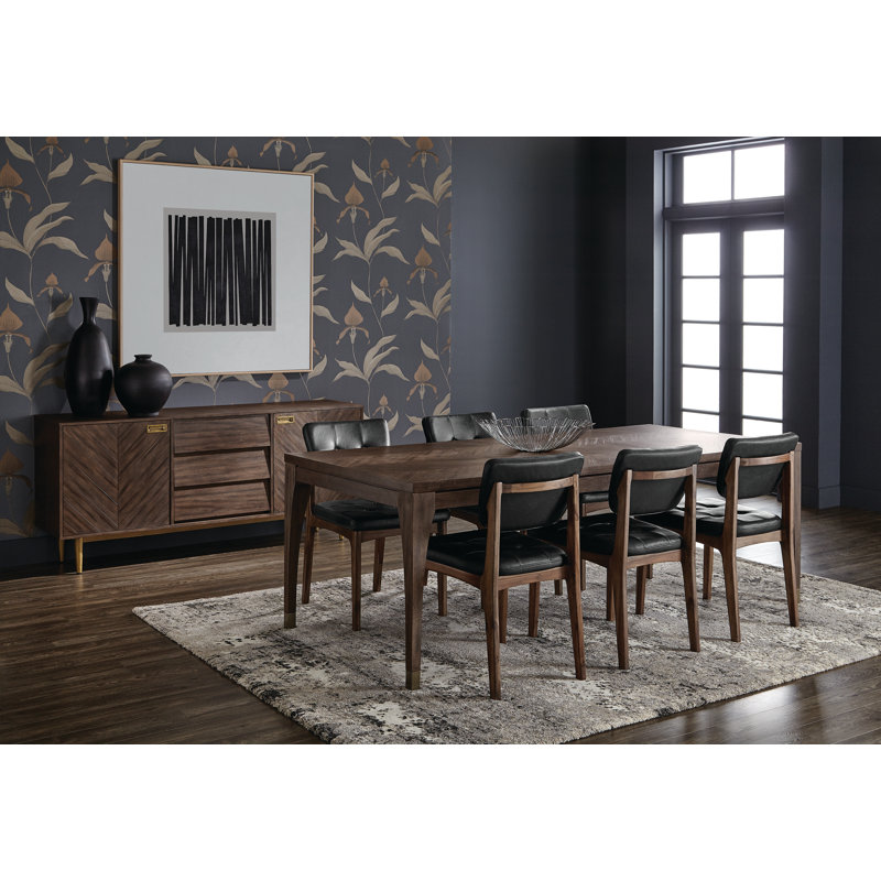 Chevron Smoked Acacia Wood Rectangular Dining Table with Brass Nickel Caps