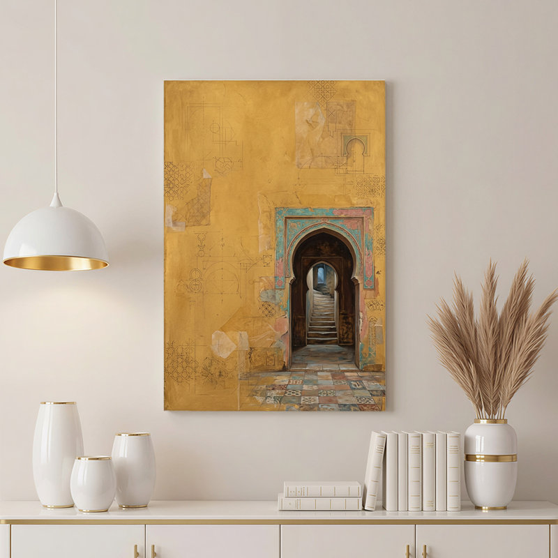 Art mural en toile avec porte arquée avec bordure bleue et croquis jaune, H 36 po x l 24 po