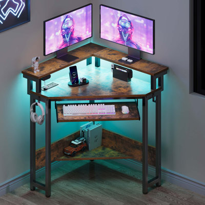 Loferski Corner Desk with Power Outlets & LED Lights, Triangle Corner Desk with Monitor Stand & Keyboard Tray for Small Space