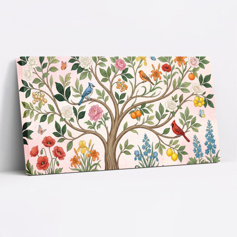 Arbre fleuri avec oiseaux et fleurs - Toile tendue - Ensemble de 1, H 24 po x l 48 po