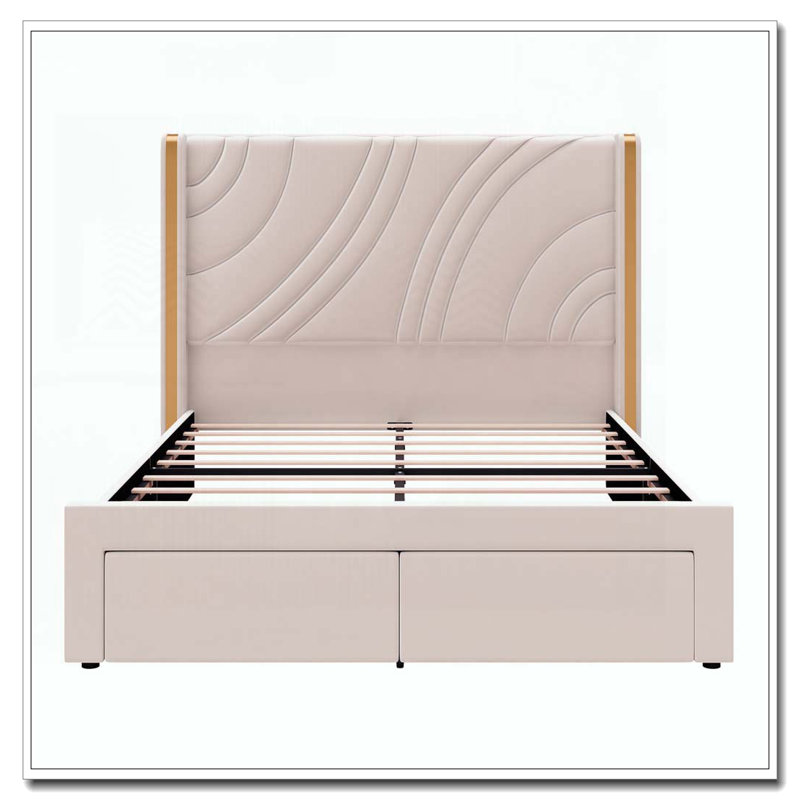 Structure de lit tapissier en velours avec tiroirs de rangement à DEL, Beige, Double