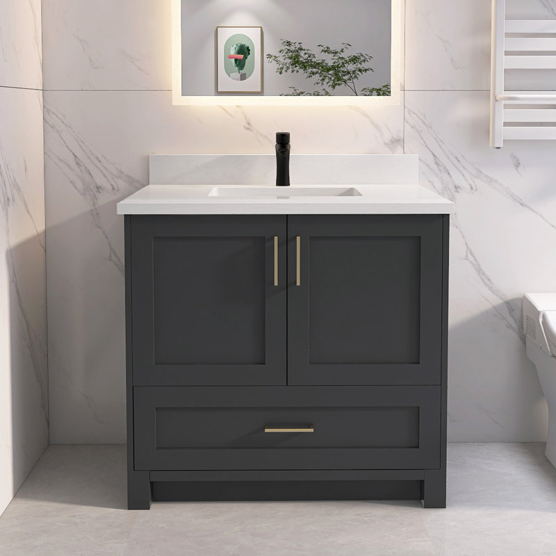 Meuble-lavabo en bois massif 36 po L , Or brossé / gris foncé