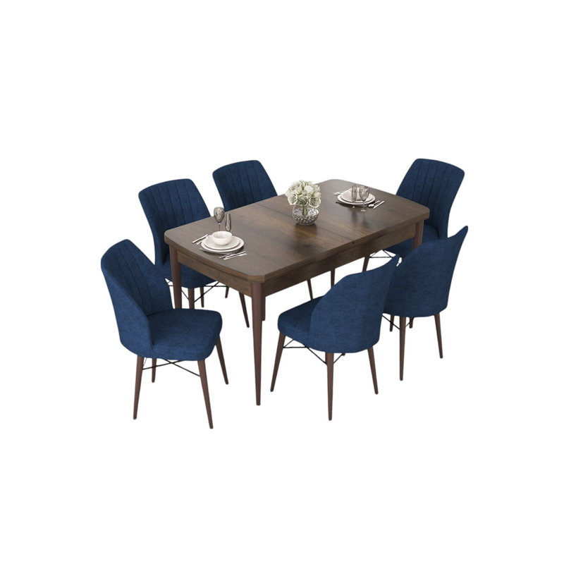 Ensemble de table et chaises de salle à manger extensible (7 pièces), baroque et bleu marine, table: 44,9 po x 30,7 po x 27,6 po | 100% panneau de fibres à densité moyenne avec pieds et chaises en bois: 17,7 po x 35,4 po x 16,5 po | Sièges en mousse confortables, élégants et fonctionnels pour les salles à manger modernes