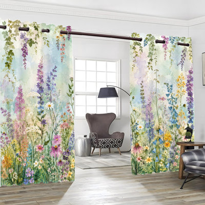 2 pièces de rideaux en polyester à imprimé floral à motif floral avec œillets à œillets, rideaux occultants et isolants avec protection contre la vie privée, panneaux de fenêtre d'intérieur esthétiques pour dortoir de chambre à coucher