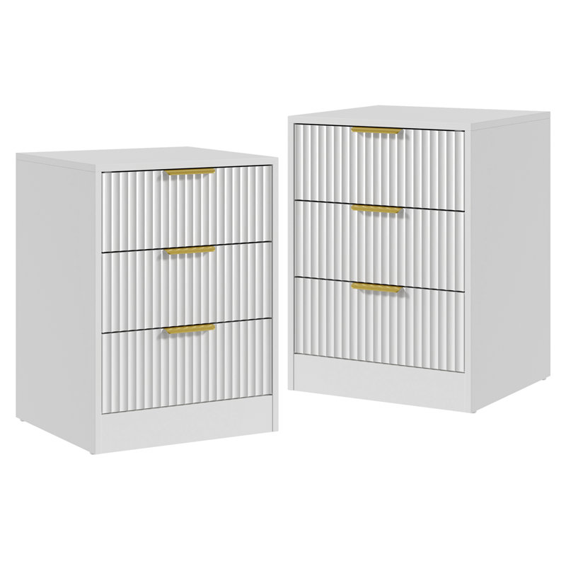 Table de chevet cannelée avec 3 tiroirs de rangement, Blanc, 3