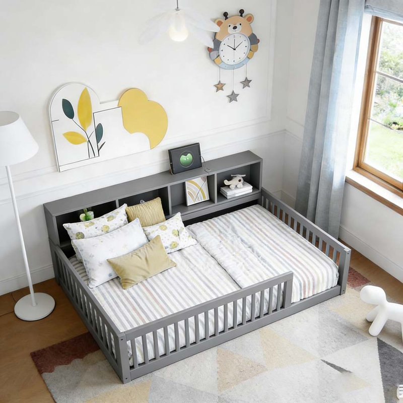 Lit en bois simple TG avec armoires de rangement et ports USB, Gris