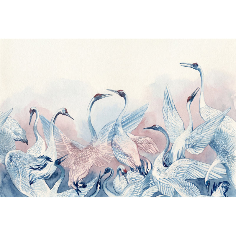 Aquarelle oiseaux, papier peint grues, rose pastel, Non tissé, 160 po x 108 po