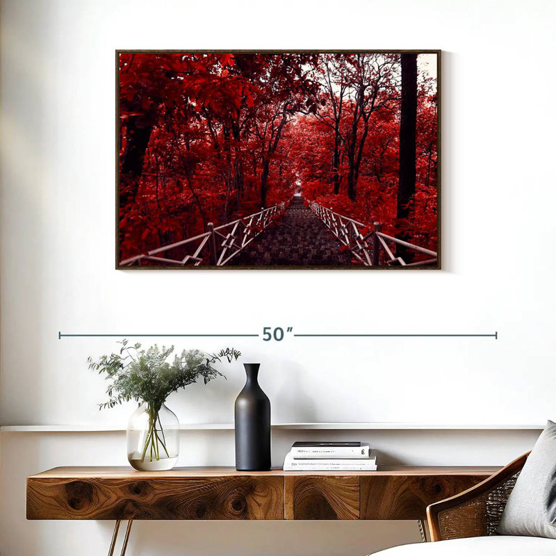 Arbres rouges, 37 po x 25 po, Cadre flottant en noyer