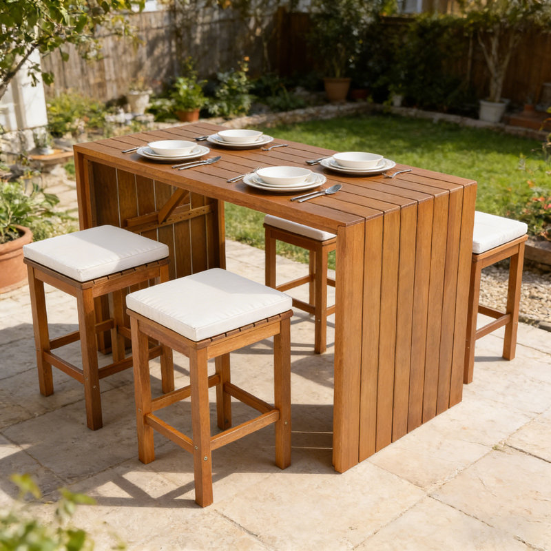 Ensemble de table de bar d'extérieur en bois d'acacia pour 4 personnes avec coussins, ensemble de salle à manger en bois pour la cour arrière