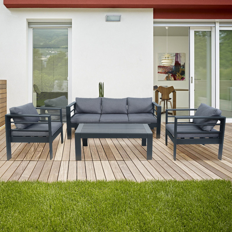 Decksplore 4-Piece Aluminum Patio Furniture Set with Imitation Wood Tabletop, Includes 2 Armchairs and 3-Seat Sofa