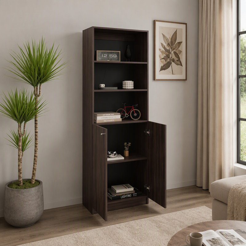 Bibliothèque à 2 portes avec tablettes supérieures, noyer foncé / wengé noir, parfaite pour le rangement et la présentation organisés