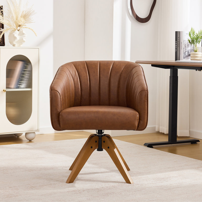 Faux Leather Upholstered Swivel Office Task Chair, Home Desk Chair  With Solid Wood Base