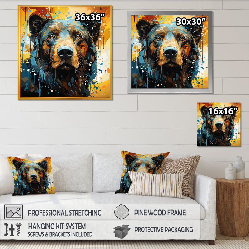 Portrait d'ours bleu et jaune - impressions encadrées d'ours, Cadre flottant blanc, H 30 po x l 30 po x P 1,5 po