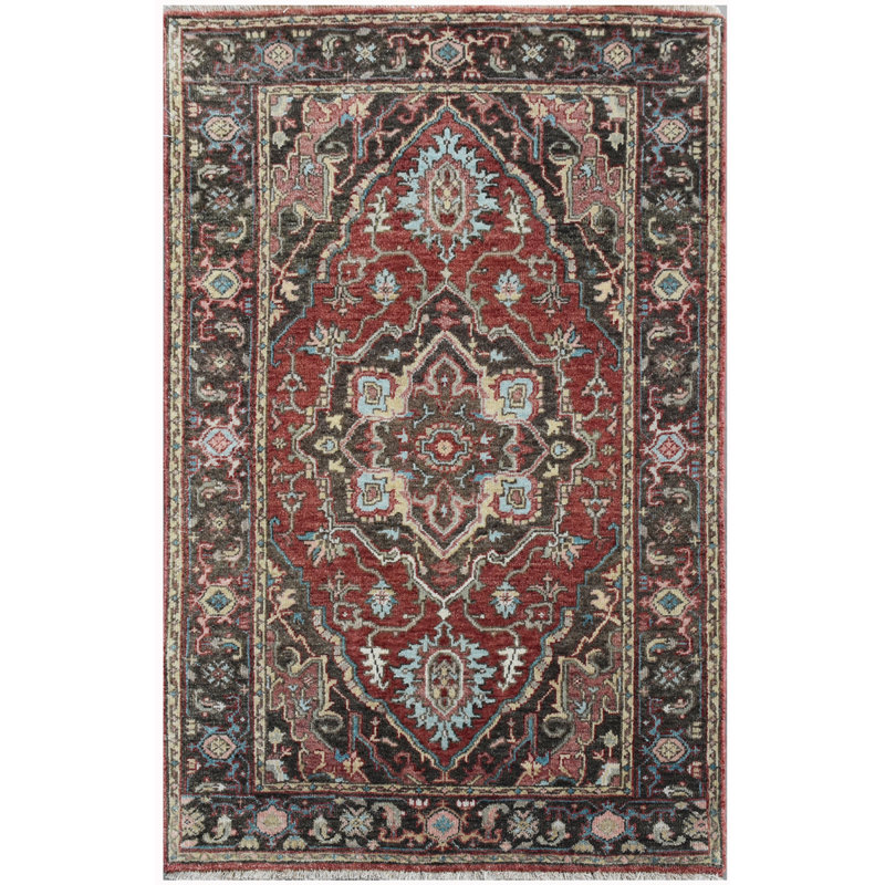 Tapis rouge et gris anthracite noué à la main de haute qualité