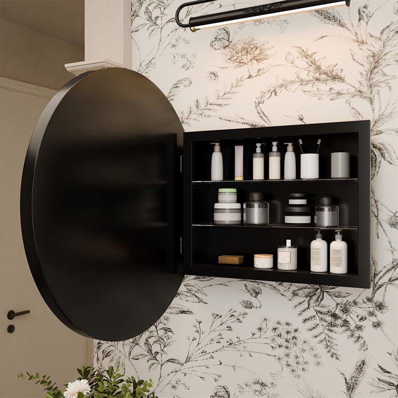 23.6 Inch Surface Mount Round Metal Framed Medicine Cabinet With Mirror And Adjustable Shelves Black Wall Mirror With Storage For Bathroom