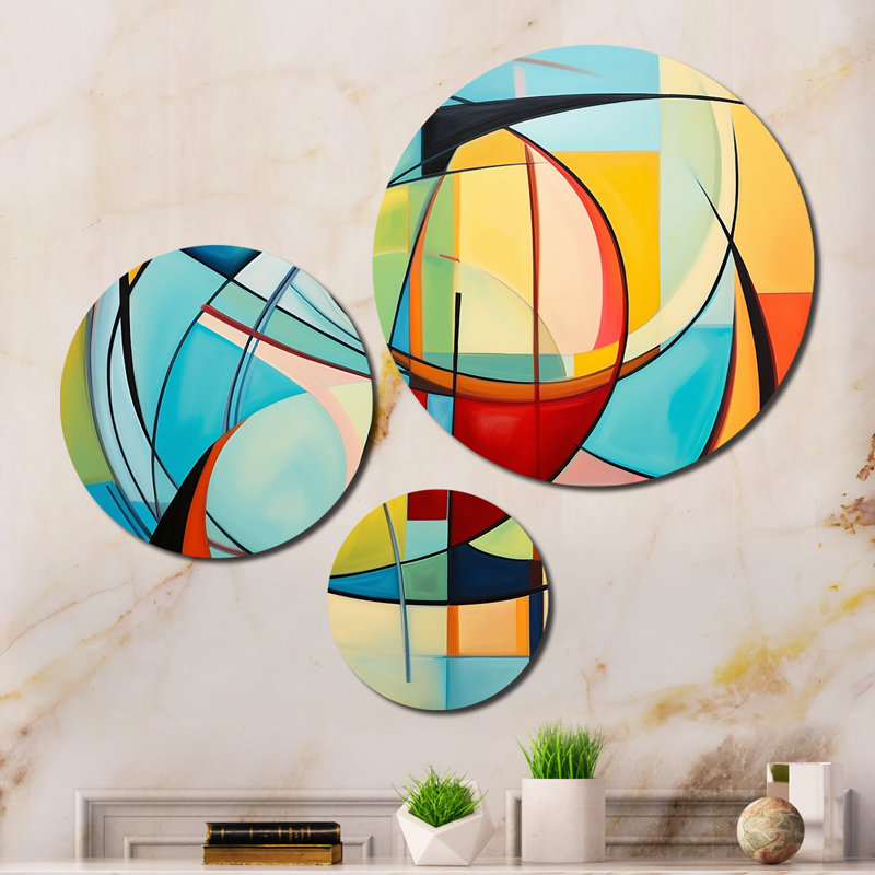 Colorful 0 Mid Century Abstract Essence I - Mid-century Metal Wall Art Prints Set