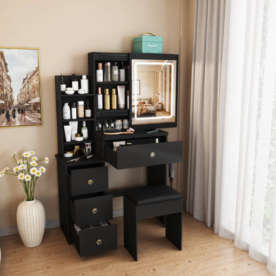 31.5" Modern Vanity Desk with LED Lighting & Power Socket | 4 Drawers & Multiple Open Shelves, Hair Dryer Holder, Dressing Chair Included | Adjustable Brightness, 3 Color Modes