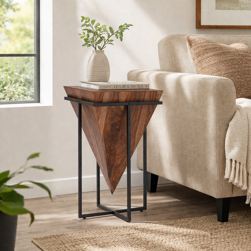 Dennyn Modern Handcrafted Solid Wood End Table with Metal Base, Brown 