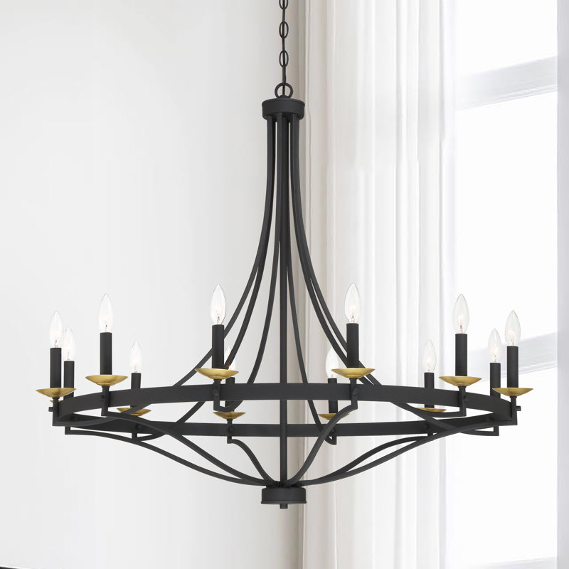 Lustre à roulettes en acier à 12 lumières de style bougie Mattheo, Laiton discret / noir mat