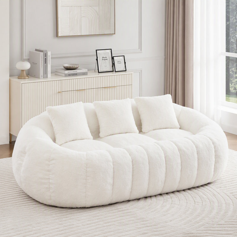 Canapé à deux places en fausse fourrure sans os avec motif floral, Fausse fourrure beige