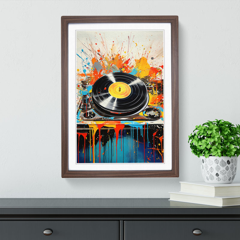 Record Player Action Painting - Single Picture Frame Print on Wood, 46cm H x 34cm W x 2cm D, Walnut