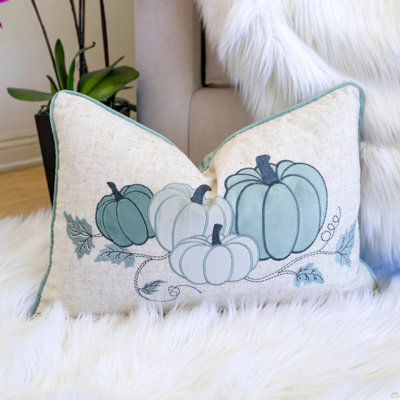 Coussin lombaire brodé citrouille - Coussin décoratif bleu brumeux d'automne